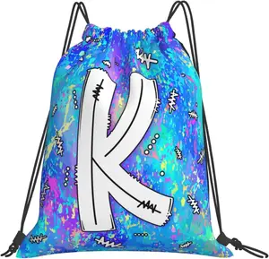 Drawstring Backpack Bag  Gym Sackpack Initial Blue Draw String Cinch Bags Bulk String Backpack Storage Bag for Women Men Letters K