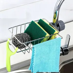 Adjustable Faucet Sponge Holder for Kitchen Sink, No-Drill Stainless Steel Sink Caddy with Dish Cloth Hanger, Rustproof Drain Rack Organizer