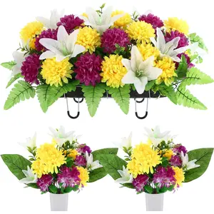 Canlierr 3 Pcs Artificial Cemetery Flower Saddles for Headstone Cemetery Memorial Mums Lilies Flowers with Vase & Grave Headstone Decorations Outdoor Artificial Bouquet for Gravesite(Bright Color)