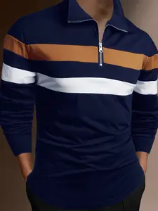 Men's Long Sleeve Polo Shirt, Colorblock Design with Zipper Detail, Casual Fashion for Fall & Winter Outdoor Daily Wear