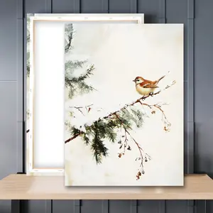 1pc Wooden Framed, Little Bird Winter Print Poster, Muted Vintage Wall Art Canvas Painting, Neutral Cottage Winter Wall Pictures, For Bedroom, Office, Living Room, Wall, Room, Home Decor Ideas