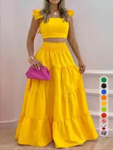 Women's Solid Color / Floral Print Shirred Sleeveless Top & Long Skirt Set, Boho Fashion Casual Top & Skirt for Daily Holiday Vacation Wear, Ladies for Summer, Womenswear, Cute Summer Outfits