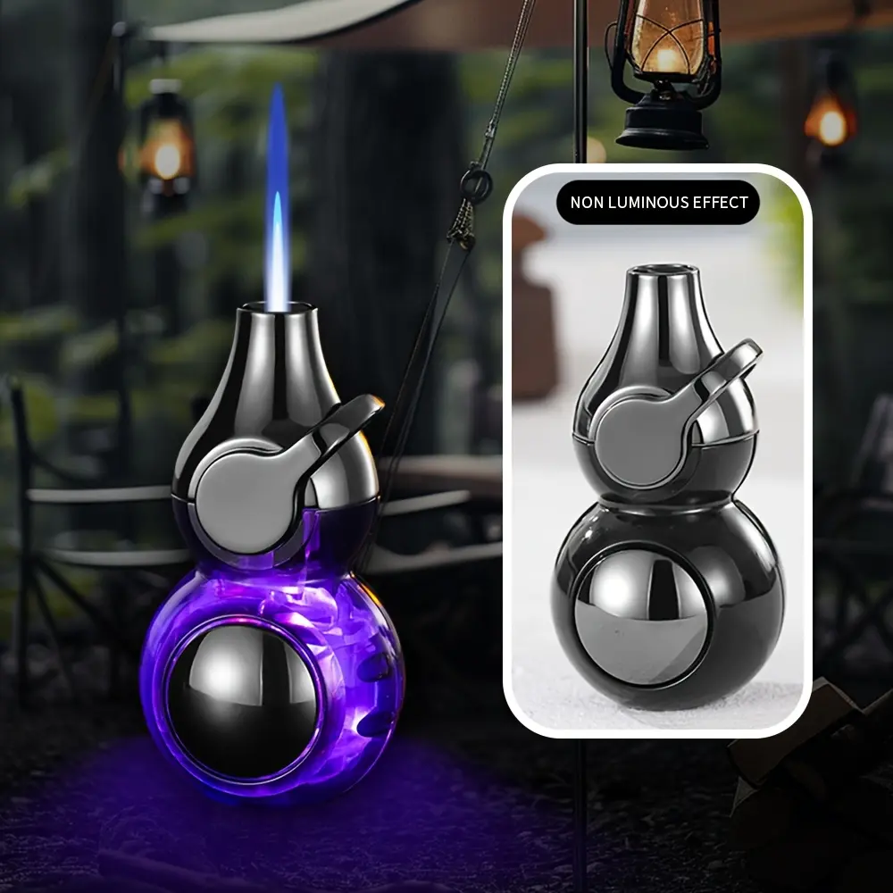 Gourd Shaped Adjustable Windproof Refillable Butane Jet Torch Lighter (No Fuel Included) - Rocker Ignition, Fuel Window - Home Decoration Mini Gift for Men (Birthday, Father's Day)