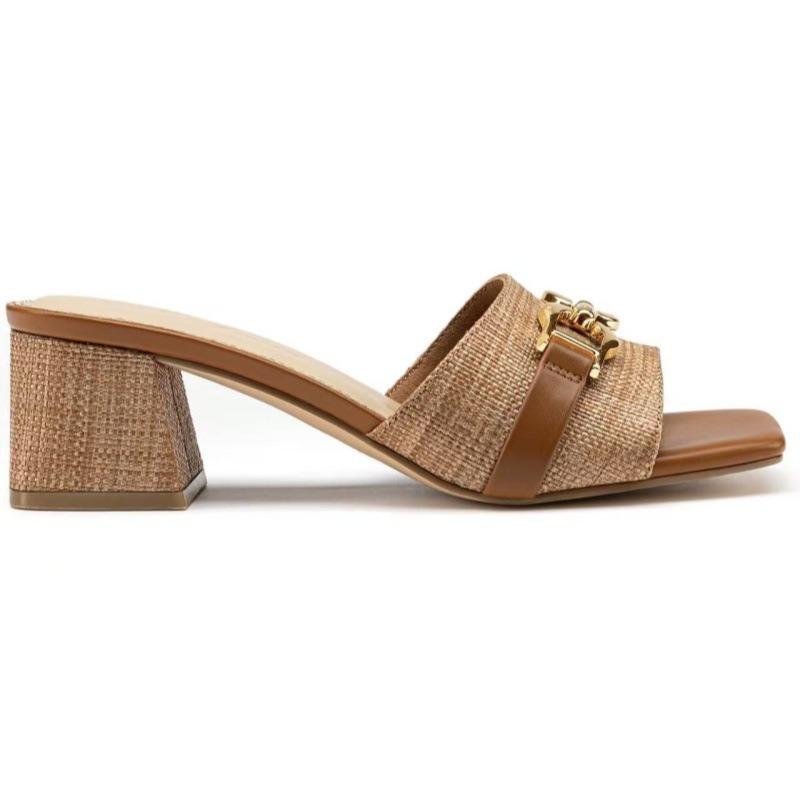 Women's Raffia Heeled Sandals Square Open Toe Slip On Mules Chunky Block Heels with Metal Chain for Summer Vacation