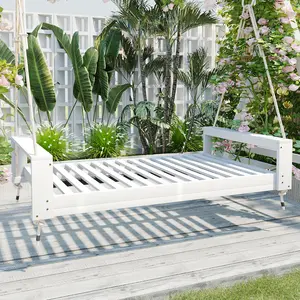 TOPMAX Twin Size Porch Swing Bed Seating Group, Patio Acacia Wood Swing Frame with Hemp Ropes for Garden, Backyard, White