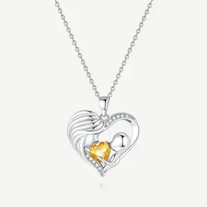Mother and Child Love Heart Necklace in Sterling Silver with Citrine