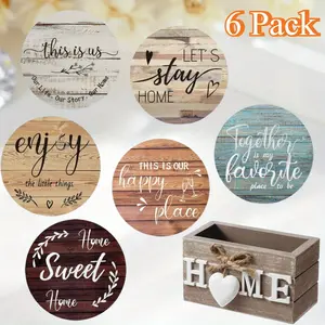 Housewarming Gifts for Home Decoration Wooden Heart Coasters for Drinks 6 Set Farmhouse Coasters with Holder Funny for Family Coffee Table Protection, 4''(Classic Farmhouse)