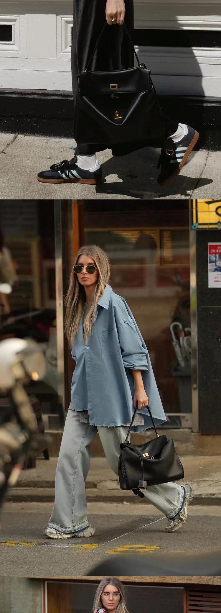 Minimalist Black Leather Work Tote Bag for Women Large Capacity Shoulder Bag with Gold Hardware