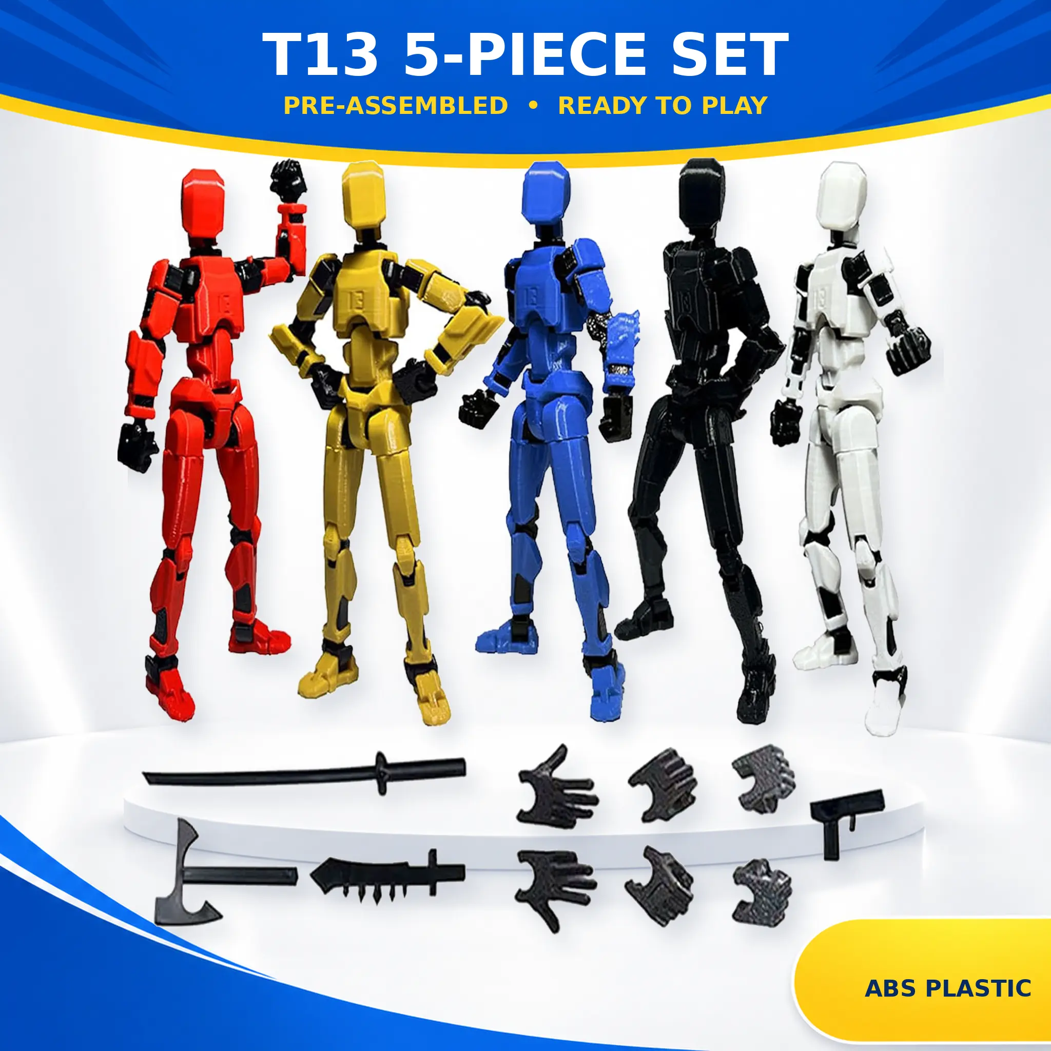 T13 5-Piece Poseable ABS Plastic Action Figure Set, 5.4-Inch Pre-Assembled Robot Toys with Accessories, Poseable Parts, Screen-Free Play, Gift & Display Idea