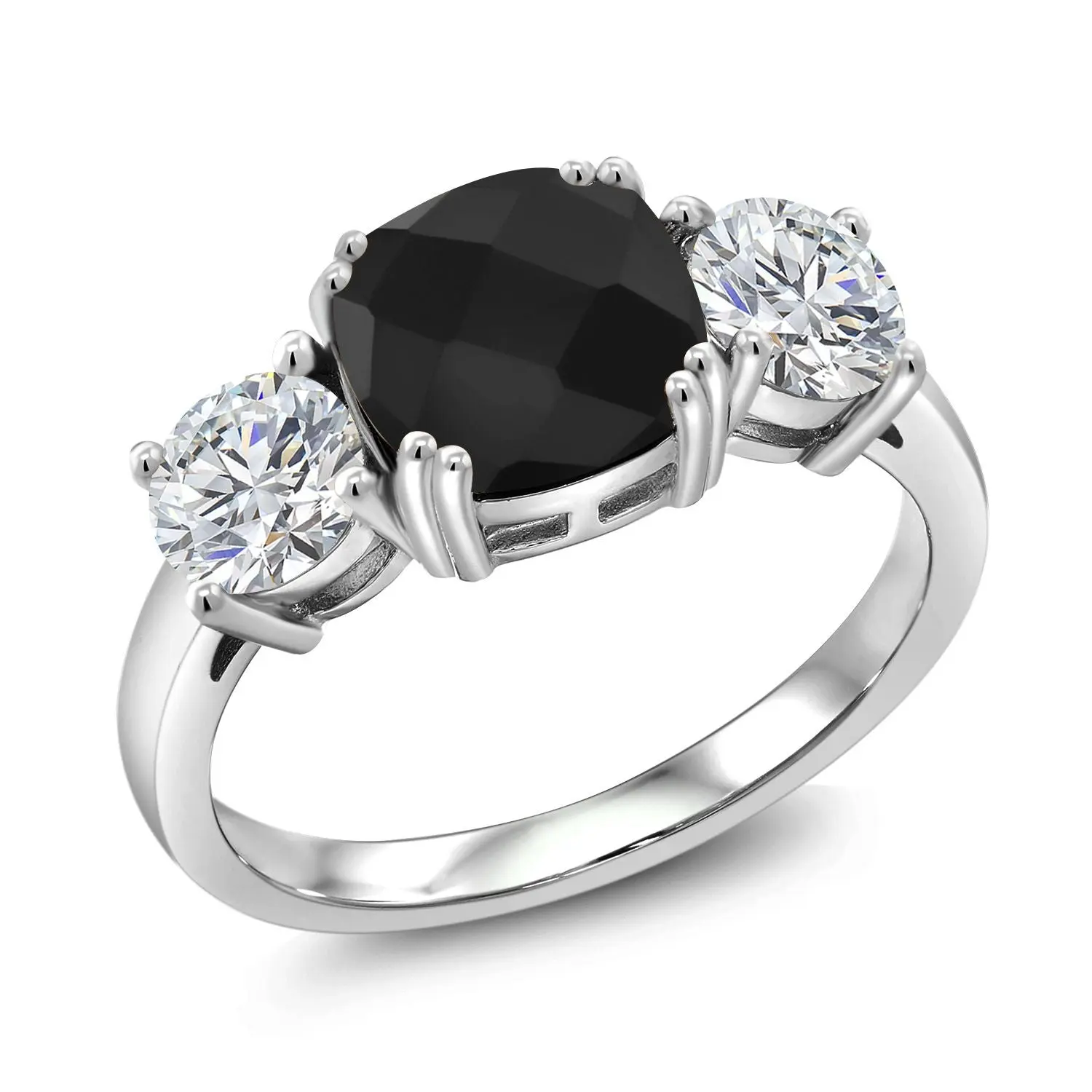925 Sterling Silver Black Onyx and Lab Grown Diamond Engagement Ring For Women | 3.11 Cttw | Cushion Checkerboard 8MM | Gemstone December Birthstone