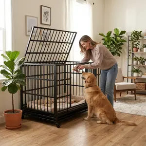 48 Inch Heavy Duty Indestructible Dog Crate with Wheels, Folding Metal Big Dog Cage for Large and Medium Dogs, Cage with Removable Plastic Tray, Steel Frame, Easy Cleanup