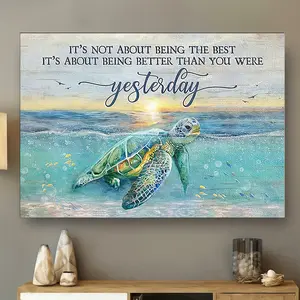 2D Flat 1pc Wooden Framed Sea Turtle Decor Canvas Painting Art Prints Wall For Bedroom Living Room Decor Beach Ocean Decor Sea Turtle Pictures Coastal Turquoise Turtle Picture With Framed Ready To Hang Gift