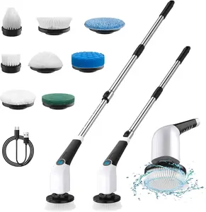 Leebein Electric Spin Scrubber, 2024 Upgraded Electric Scrubber for Cleaning, Spin Scrubber with Long Handle & 8 Replaceable Brush Heads, Remote Control Shower Cleaner Brush for Bathroom, Floor(White) Cordless Electric