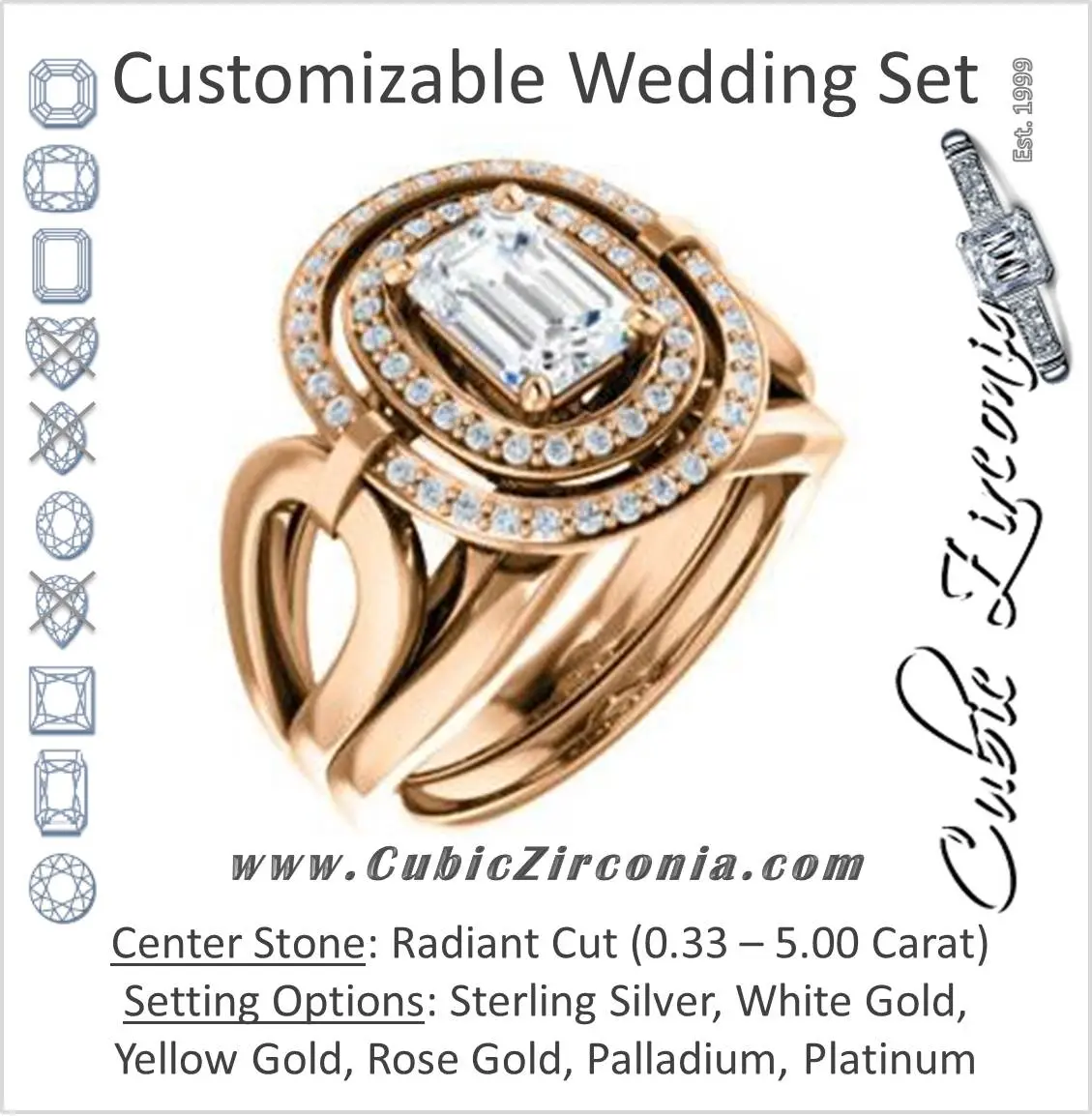 CZ Wedding Set, featuring The Gayatri engagement ring (Customizable Cathedral Radiant Cut Design with Double Halo and Wide Horseshoe-inspired Split Band)