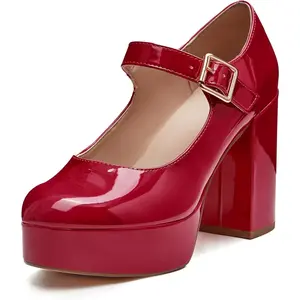 Coutgo Womens' T-Strap Round Toe Chunky Platform Heels Patent Mary Jane Dress Shoes