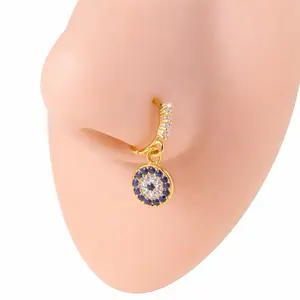 Mystique Jewelries 20G Evil Eye Dangle Nose Ring Gold Hoop Nose Piercing with Blue Crystal Charm Protective Jewelry