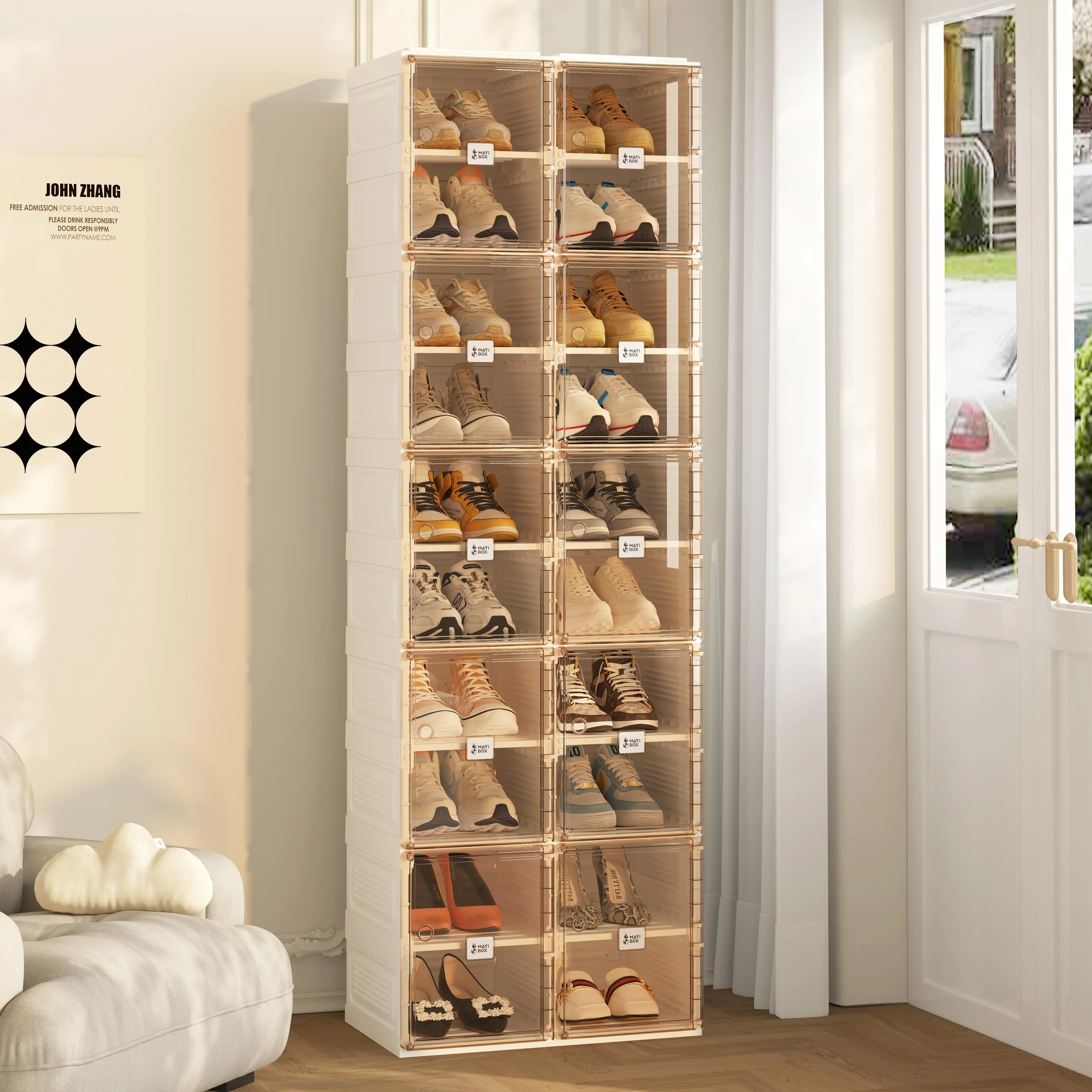 Shoe Organizer Storage Box, Portable Folding Shoe Rack for Closet with Magnetic Clear Door,Large Sneaker Cabinet Bins Sturdy Easy Assembly