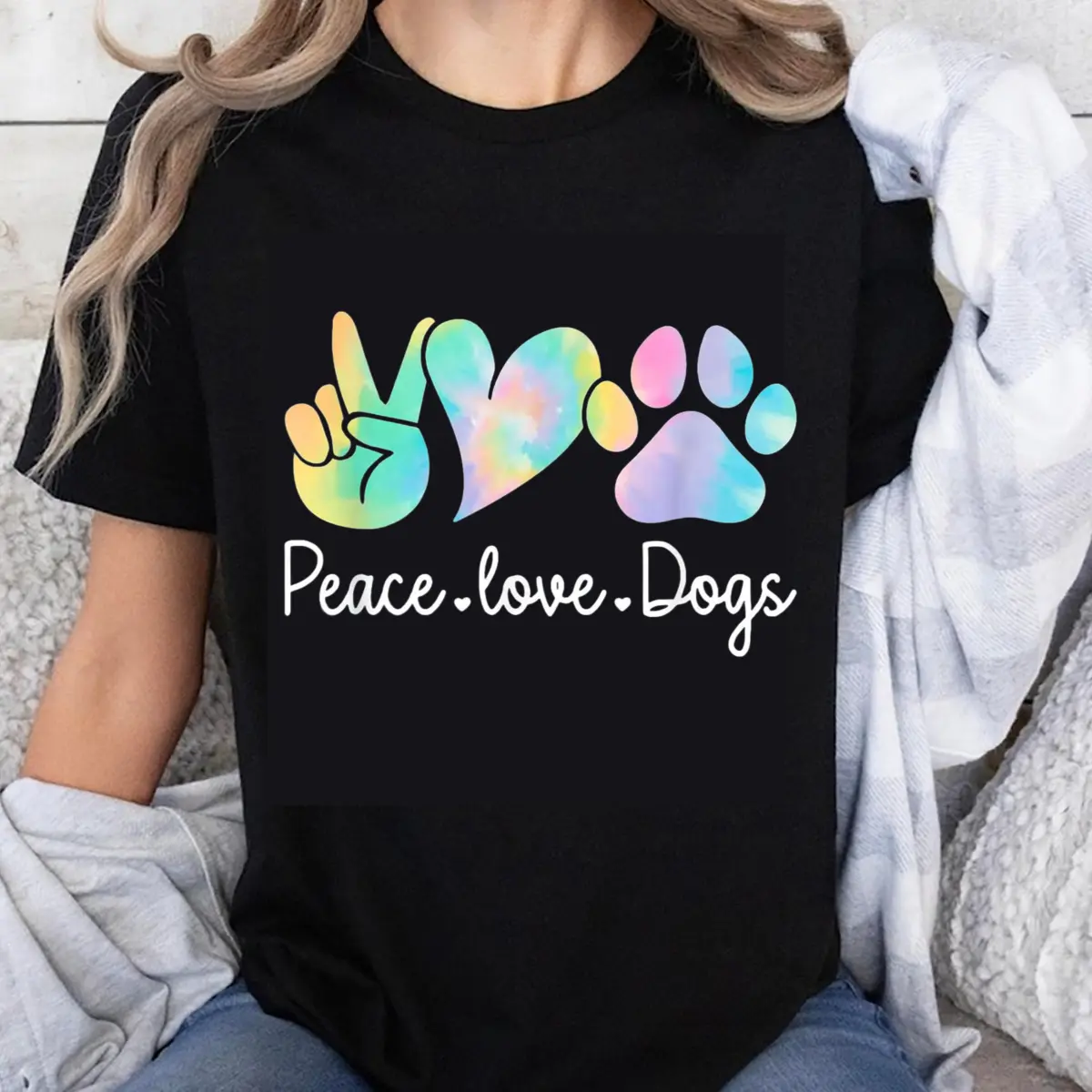 Women's 100% Cotton Short-Sleeve Casual Graphic T-Shirt - Peace Love Dogs Tie Dye Round Neck Lady Top for Everyday Wear, Streetwear, All Seasons Vintage Tee