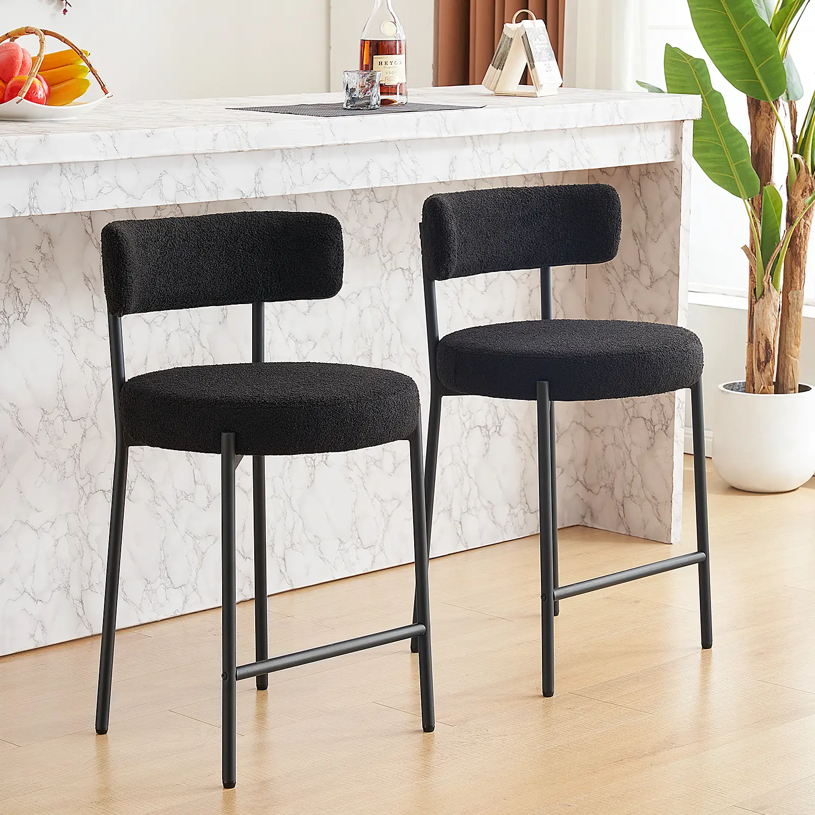 Bar Stool Counter Height Bar Stools with Back Faux Sherpa Kitchen Dining Cafe Chair with Sturdy Metal Steel Frame Base for Indoor Outdoor Furniture, S
