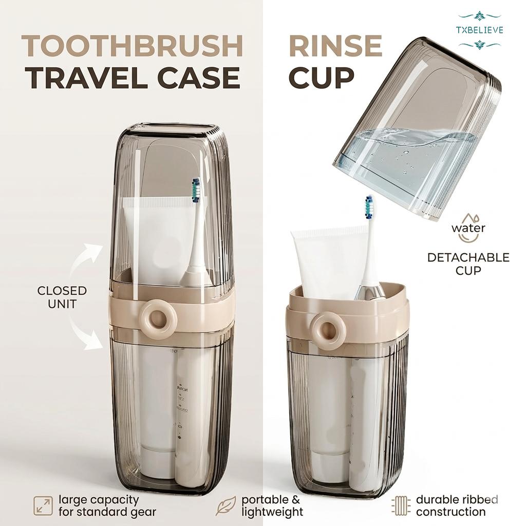Toothbrush Travel Case, 2 in 1 Toothbrush Holder and Rinse Cup, Large Capacity Toothbrush Cup with Cover, Portable Travel Toothbrush Holder for Traveling, Camping, Trip - 1Pcs - Beige&Clear