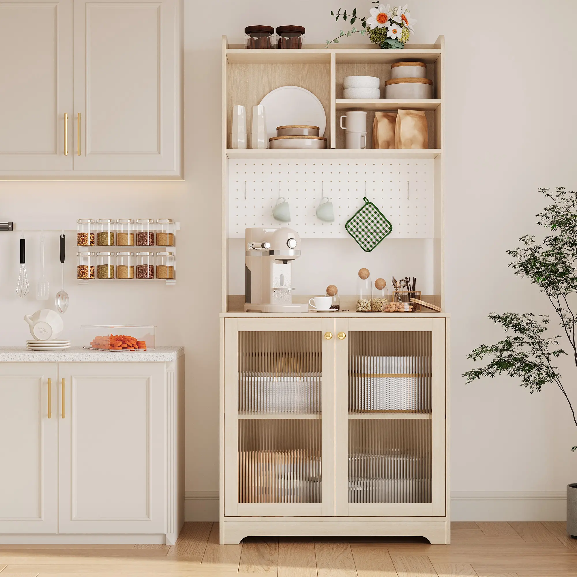 71" Tall Sturdy Wood Contemporary Kitchen Pantry Cabinet - Spacious Storage Solution with Glass Doors, Anti-Tip Base, Wooden Pegboard, 6 S-Shaped Hooks, Microwave Shelf, Sideboard Buffet Hutch for Dining/Living Room, Adjustable Shelves