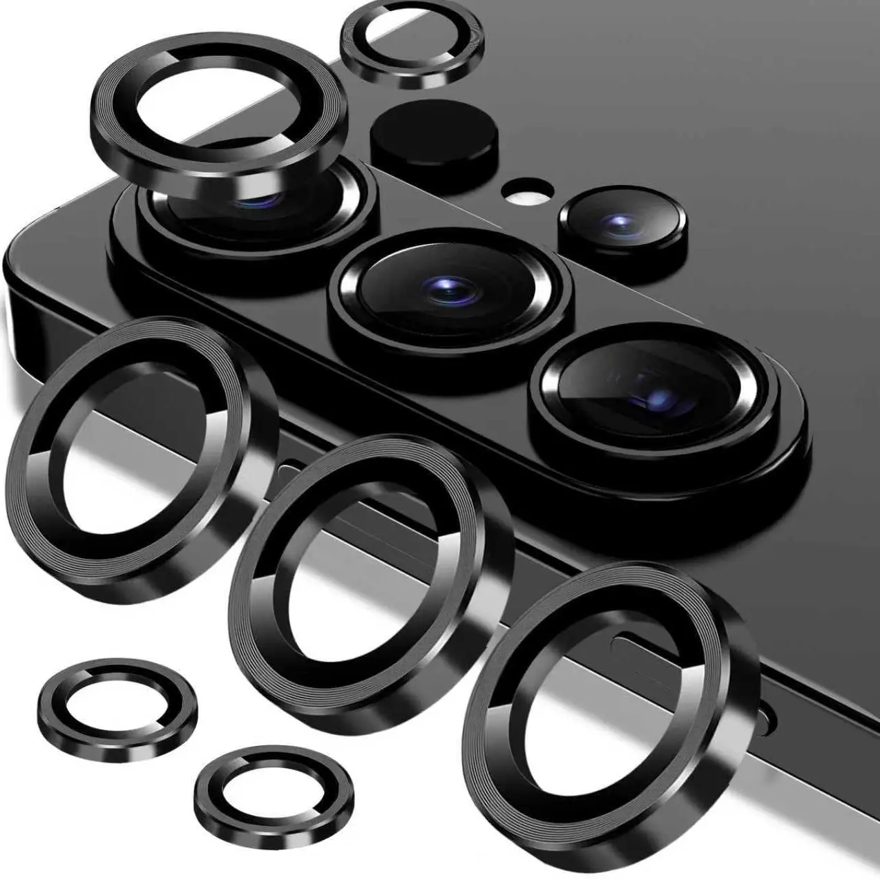 1 Pack 9H Tempered Glass Metal Individual Ring Cover with Camera Lens Protector for Samsung Galaxy S25 S24 S23 S22 Ultra S25 S24 S23 S22 Plus FE S26/S26 Plus/S26 Ultra, Easy Installation Tray, HD Clear, Camera Cell Phone Accessories - Phantom Black