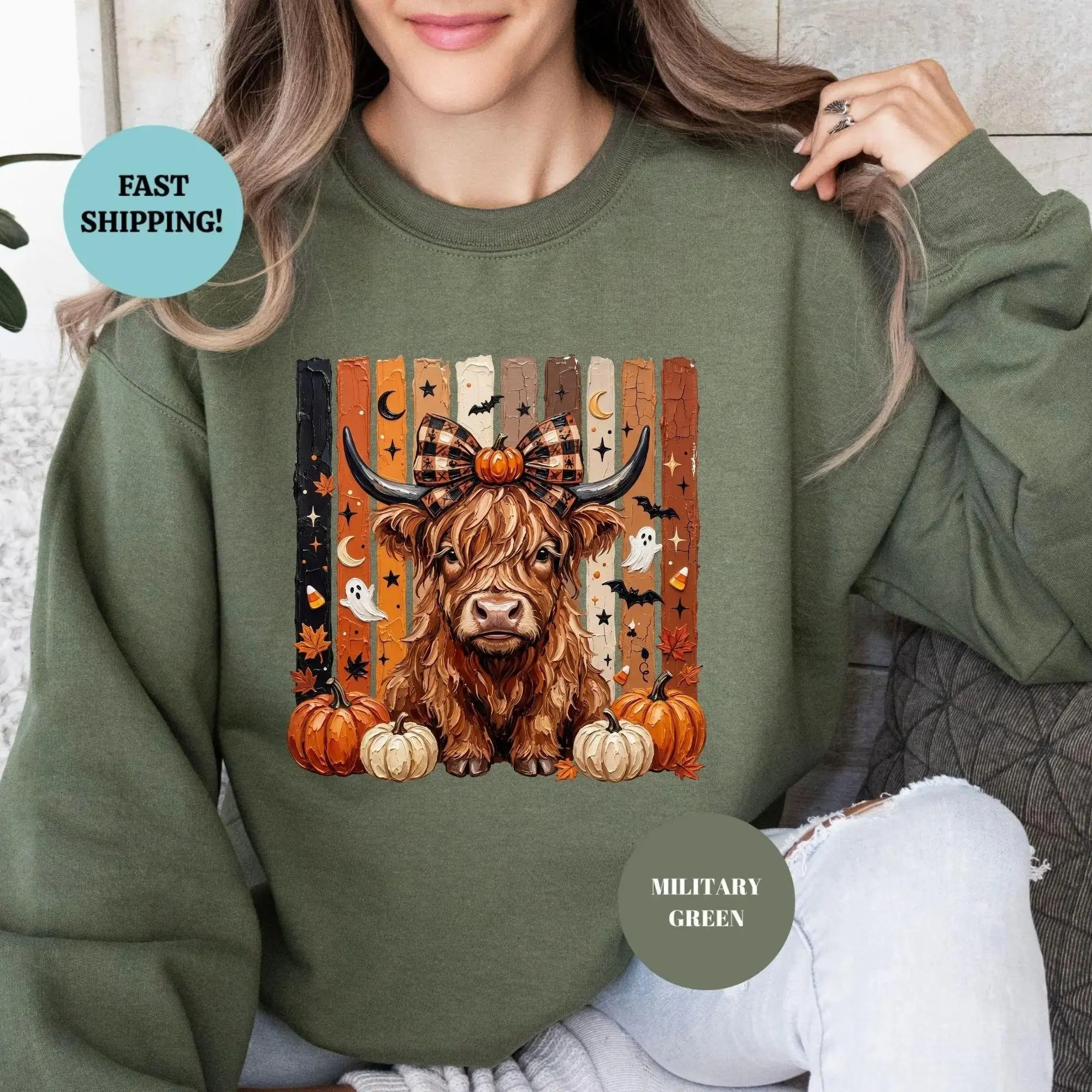 Highland Cow Halloween Sweatshirt, Spooky Fall Cow Hoodie, Pumpkin Season Crewneck, Cute Ghost Pumpkin Autumn Aesthetic Apparel, Western Spooky Season Graphic Sweater, Cottagecore Farm Animal Jumper, Cute Cozy Fall Vibe Gift For Women & Men