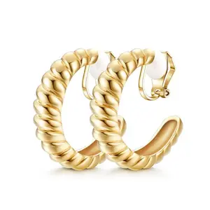 Gold Twisted Croissant Clip On Hoop Earrings