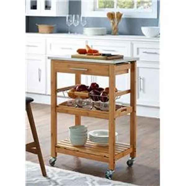 Boraam 50651 Aya Multi-Functional Bamboo Kitchen Cart - Bamboo Kitchen Furniture with Stainless Steel Top, Wooden Shelf, Drawer, Storage Basket, Organizer, Floor Cabinets