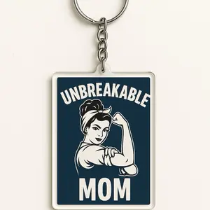 Unbreakable Mom Keychain - Strong Woman Design with "UNBREAKABLE MOM" Text on Navy Blue Background