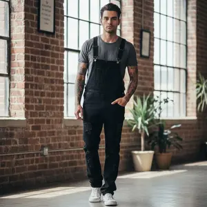 Men's Classic Denim Bib Overall Jumpsuit - Loose Fit Suspender Jeans Trousers with Multiple Pockets, Solid Fashion Design for Daily Casual Wear in Autumn Winter Seasons, Comfortable Durable Cotton Fabric for Work Outdoor ActivitiesfGBn