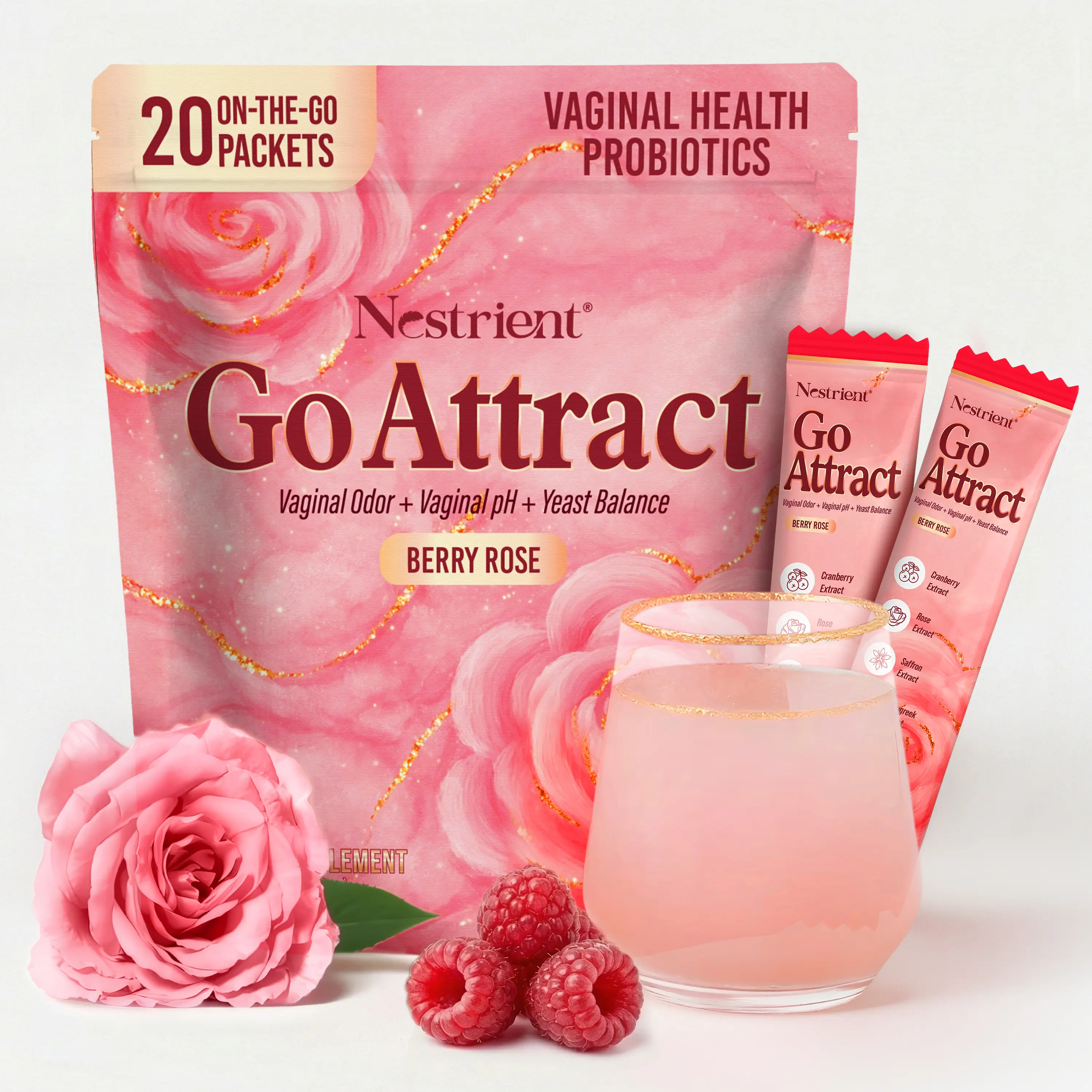 Nestrient Go Attract Women’s Vegan Friendly Sugar Free Probiotic Powder Drink Mix - Healthcare Supplement, 200g, 20 Sticks, Probiotics for Women, Inner Balance, Inner Calm, Freshness, Berry Rose Flavor