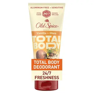 Old Spice Total Body Deodorant Cream for Men Aluminum Free Vanilla Shea Scent 24/7 Odor Protection 24/7 Lasting Freshness Dermatologist Tested Gentle on Skin Safe All Over 3.0 oz