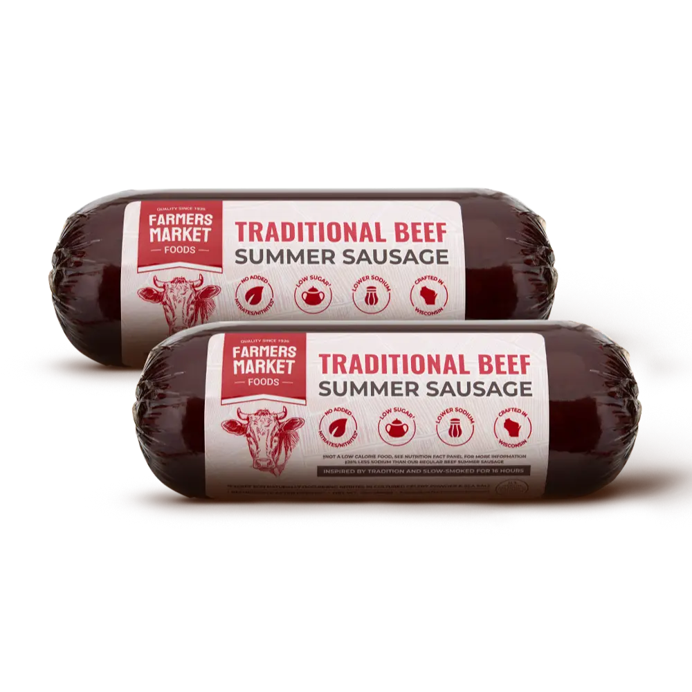 Farmers Market Foods Traditional Beef Summer Sausage 2 Pack – Wisconsin Made Smoked Beef Sausage, No Added Nitrates or Nitrites, Gluten Free, High Protein, Low Carb, Lower Sodium, Shelf Stable Ready to Eat Meat Snack, 12oz