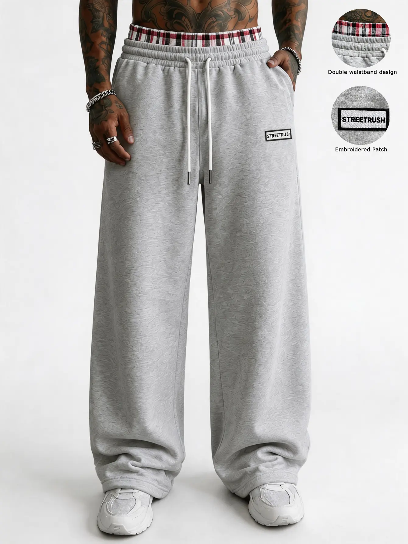Men's Casual Straight-Leg Athletic Pants, Gray Sportswear with a Striped Drawstring Waistband for Streetwear, Activewear, Menswear double layer