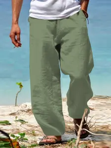 Men's Linen Long Pants, Hip Hop Style, Breathable Lightweight, Elastic Drawstring Waist, Casual Design, Perfect for Outdoor & Beach Use, Casual Solid Drawstring