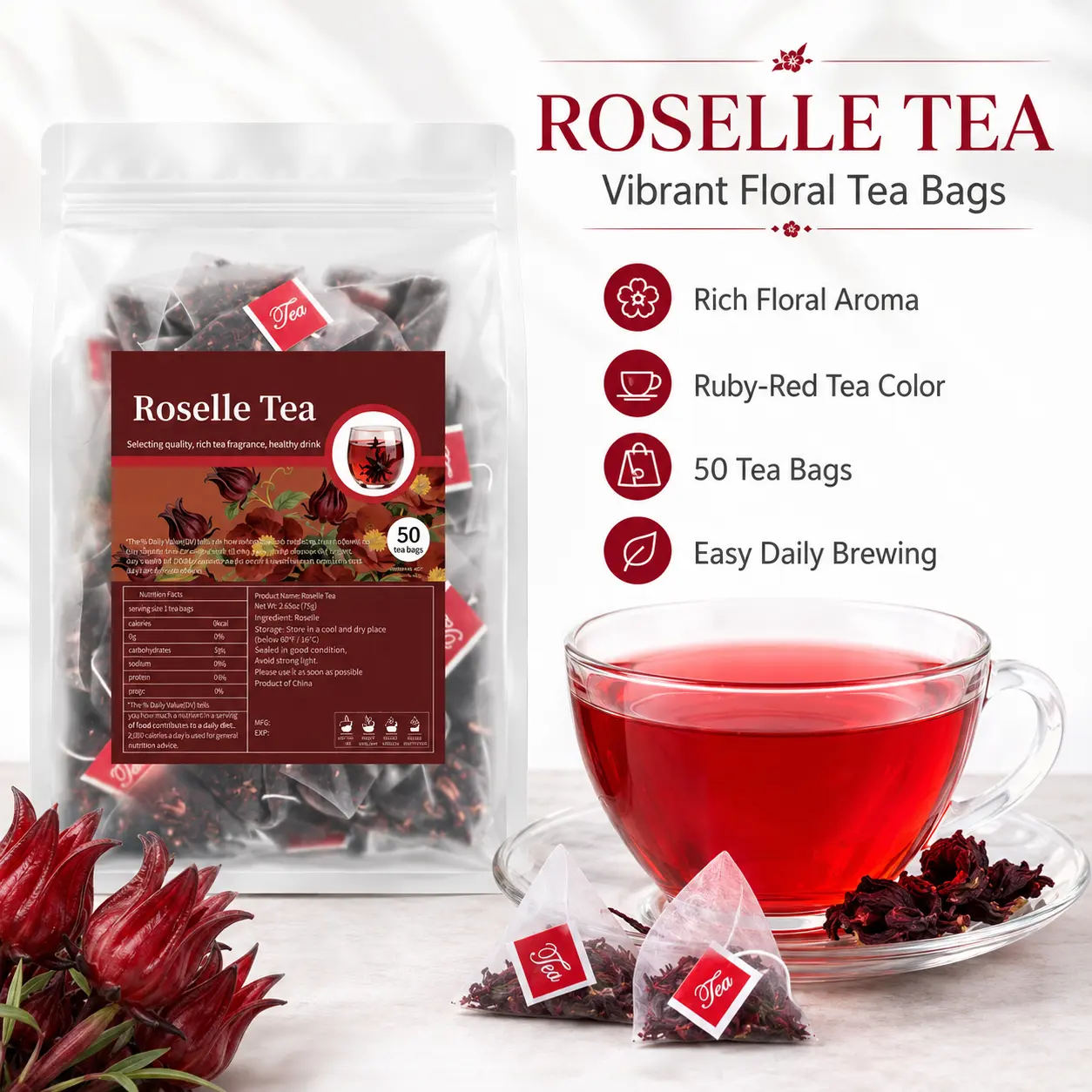 Roselle Hibiscus Vanilla Ready-to-Mix  Tea Bags - 50-Count Sugar-Free Packaged  Tea, Hot or Cold Brew Everyday Beverage Herbal Cleansing Tea Detox Tea Blend