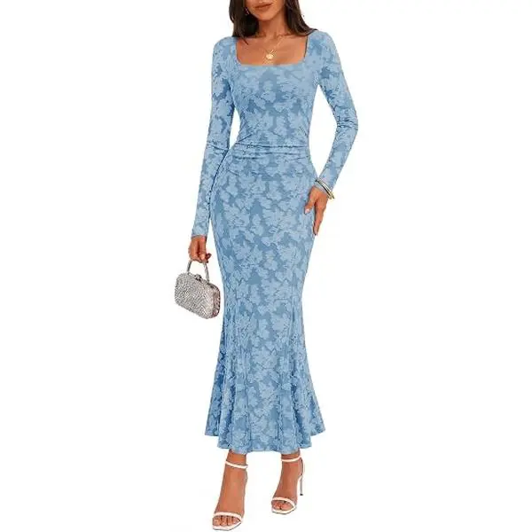 MEROKEETY Womens Long Sleeve Floral Ruched Fall Wedding Guest Dress 2026 | Square Neck, Formal Maxi Dress, Mermaid Hem, Stretchy, Lined, Bodycon, Cocktail Party, Baby Shower, Bridal, Holiday dress