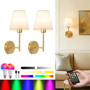 2-Piece LED Wall Light Set, Rechargeable Vintage Silver Fabric Lamp, RGB Adjustable Remote Control, Bedroom Living Room Corridor Study
