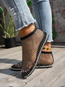 Women's Summer New Thick Sole Rhinestone Fishnet Slip-On Elastic Band Big Size Sandals Breathable Hollow Out Mesh Shoes Footwear