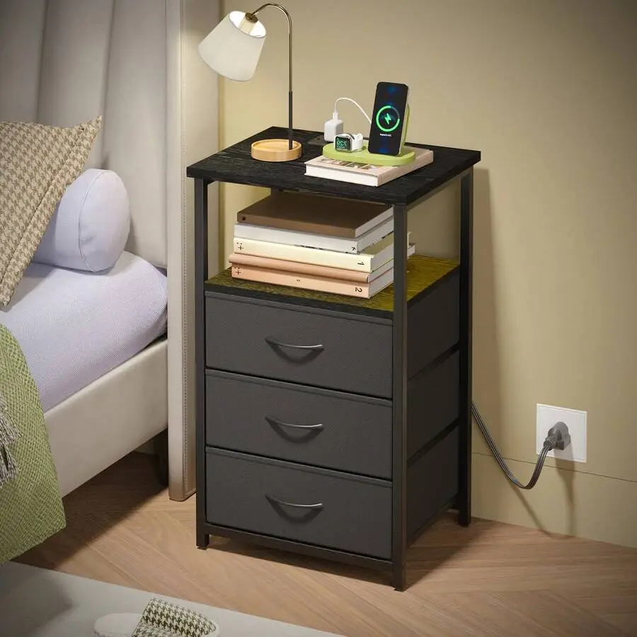 Nightstand With Charging Station - 3-Drawer Bedside Table W/ USB Ports & Outlets, Non-Woven Fabric Drawers, Home Decoration, Bedroom Furniture, Mobile Standing Desk Wheels RGB gaming sand Marble Dining