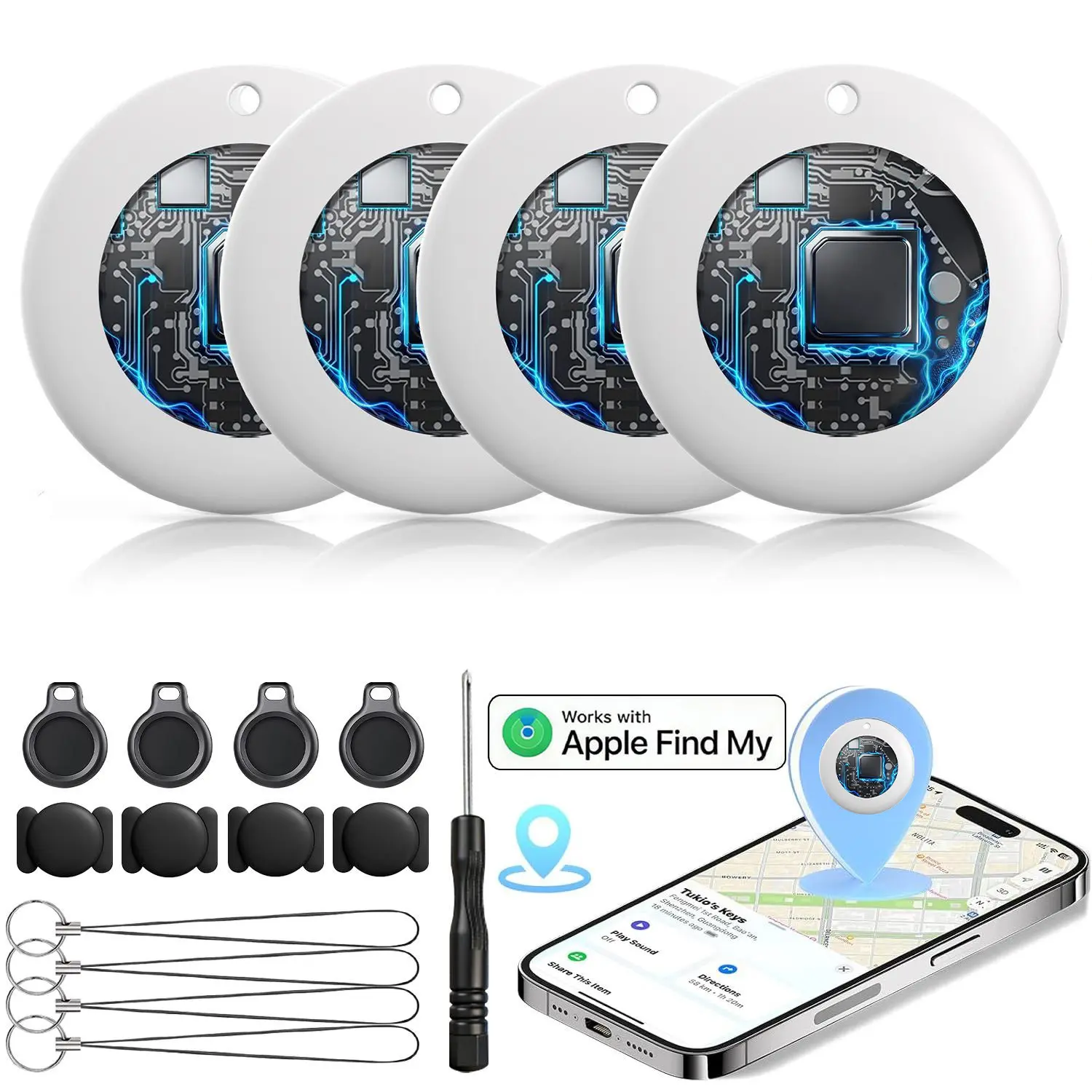 Air Tracker Tags-4 Pack: Smart Bluetooth Tracker,  Tag Locator for Cars, Pets, Keys, Luggage, Satchel, Weatherproof Case, Anti-Lost Device, Works with Apple Find My (iOS Only), No Monthly Fees, IP67 Waterproof, Replaceable Battery Remote