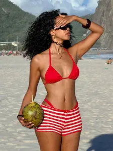 New Split Bikini Three-Piece Set, Bright Triangle Top + Striped Knit Shorts, Sexy Retro Style, Beachwear for All Seasons