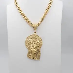 Large Gold Jesus Necklace with 10mm Cuban Chain 14k Heavy Plated Gold Jesus Pendant Lifetime Replacement Guarantee