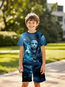 Boys' 3D Short Sleeve Set, American Style Stephen Curry Full Print Casual Sports Wear, Outdoor Play, Holiday Gift, Birthday Present