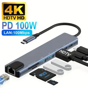 AEiTTO 8 Ports USB C Hub, Usb C Dongle, USB 3.0/4K HDTV/RJ45/PD/SD/TF Card Reader, Multifunctional USB Hub Card Reader Adapter for PC, Laptop, MacBook Pro, iMac, iPad Pro and other USB-C Devices, Office Supplies