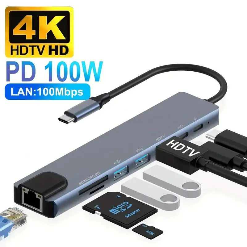 AEiTTO USB C Hub with Ethernet Adapter, 8 In 1 USB C Multiport Adapter with 100W PD, 4K HDTV, USB 3.0/2.0, Type C Port, SD/TF Card Reader, Memory Card Reader, USB c Port for iPhone 15/16/17, MacBook, iPad, Samsung, Surface, etc, USB Hubs