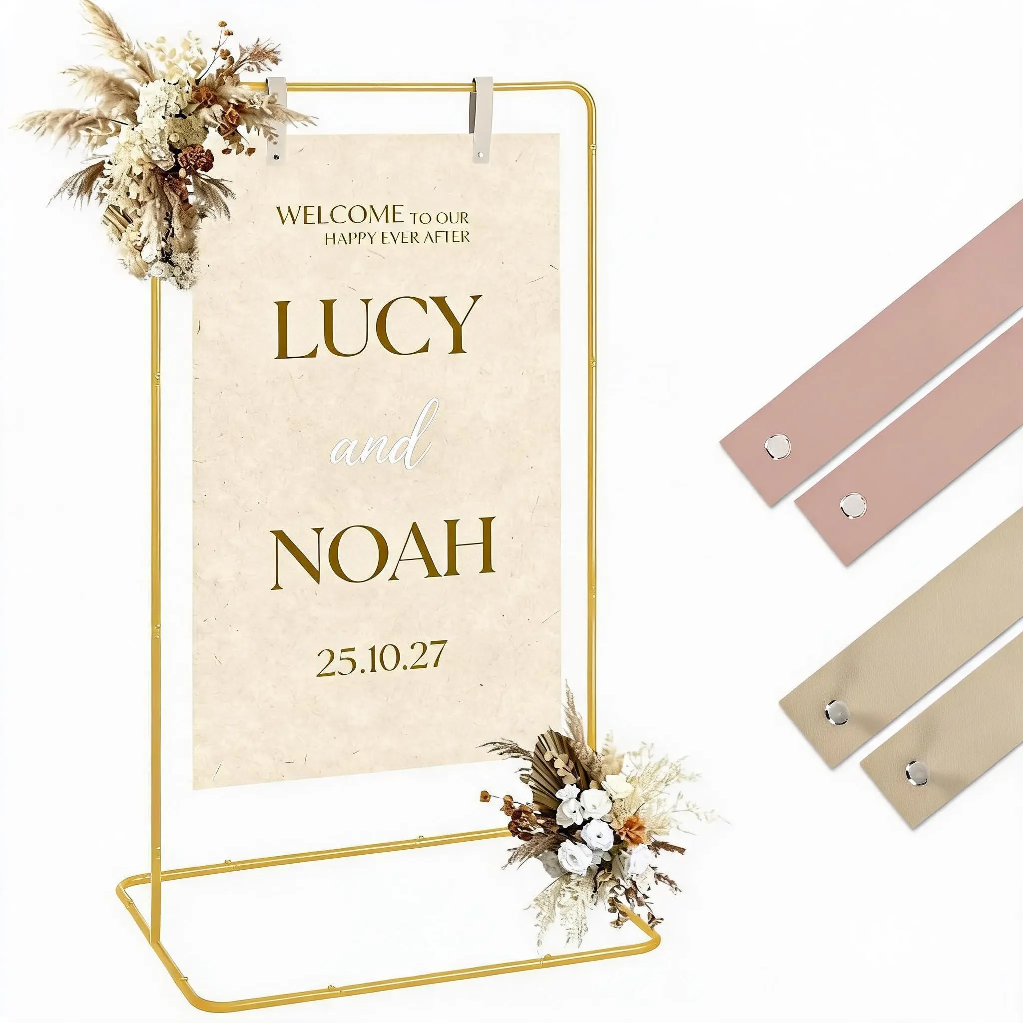 Gaomon Gold Iron Adjustable Switchable Hanging Sign Stand Easel - 50/68 in (77x59.5x174.5 cm) Height, 4 Faux Leather Straps, Portable Display for Wedding Decor, Banner, Photo, Welcome Sign & Seating Chart