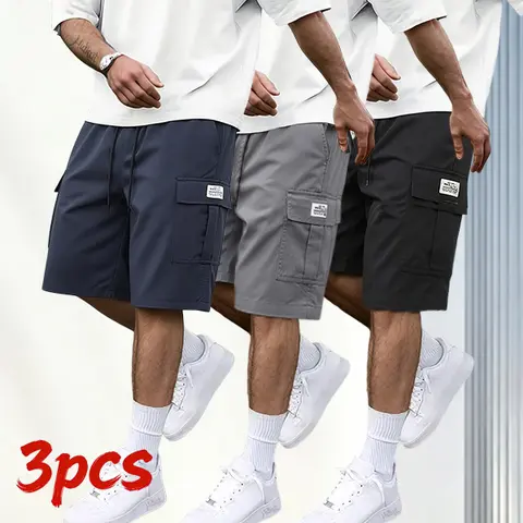 Men's 3-Piece Plain Mix and Match Shorts Set - Tropical Menswear - Slanted Pockets - Easy Reach - Multi-Pocket Belted Wrap Overalls - Versatile Casual Everyday Wear