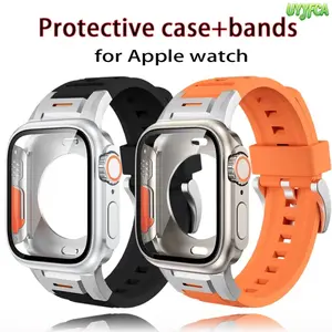2-Piece Rugged Apple Watch Case and Band Combo, 360 Degree Full Coverage Tempered Glass Protector, Mechanical Chain Two Tone Silicone Sport Strap with Metal Connector, Compatible with Fits Series 4–11/SE (40–46mm), Shockproof Protector for Running Hiking